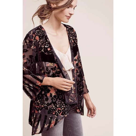 Anthropologie Tops - Anthropologie Roseband Velvet Kimono Burnout Open Cardigan Top Multi Color OS
